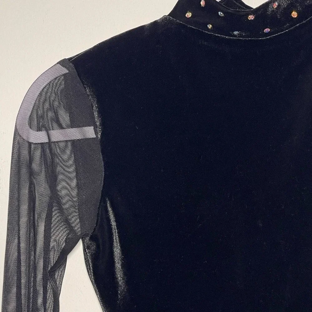 Carol Dupuis Jazz Skin Black Velvet Mesh Sleeve Rhinestone Leotard Bodysuit used